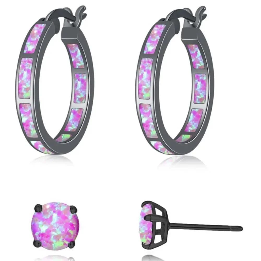 14K Black Gold with Genuine Purple Fire Opal Hoop and Stud Earrings Set of 2